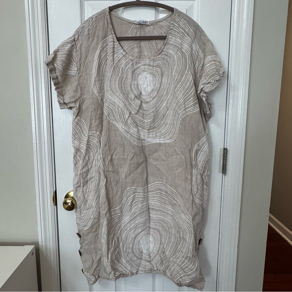 100% Italian Made Linen Shift Dress Woodland Tree Ring Pockets Fairy Natural - Picture 4 of 10